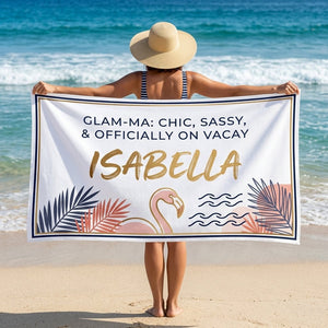 Personalized Glam-ma Chic Sassy Beach Towel - Custom Name Elegant Summer Vacation Travel Gift - FlamingoAholic