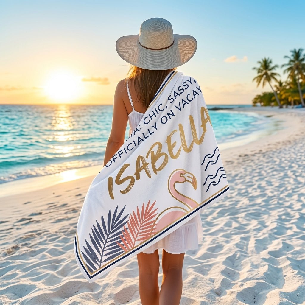 Personalized Glam-ma Chic Sassy Beach Towel - Custom Name Elegant Summer Vacation Travel Gift - FlamingoAholic