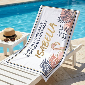 Personalized Glam-ma Chic Sassy Beach Towel - Custom Name Elegant Summer Vacation Travel Gift - FlamingoAholic