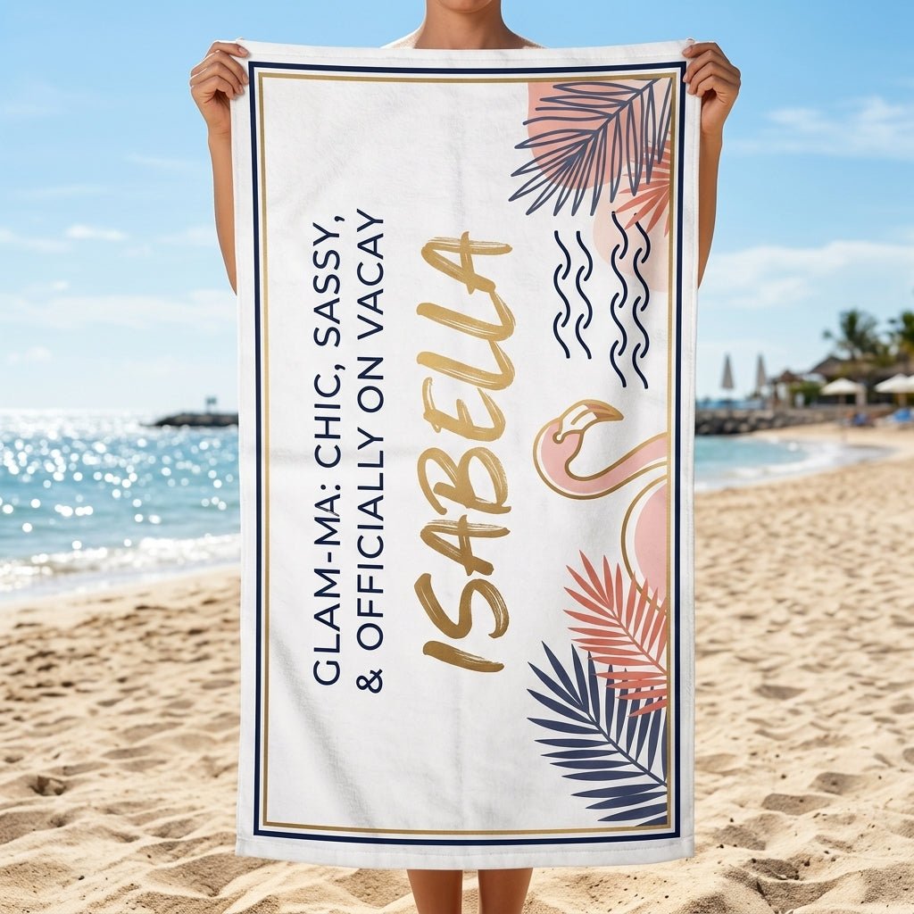 Personalized Glam-ma Chic Sassy Beach Towel - Custom Name Elegant Summer Vacation Travel Gift - FlamingoAholic