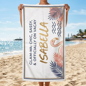 Personalized Glam-ma Chic Sassy Beach Towel - Custom Name Elegant Summer Vacation Travel Gift - FlamingoAholic