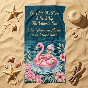 Personalized Glam-ma Cruise Beach Towel - Coastal Grandma Style Custom Name Summer Vacation Gift - FlamingoAholic