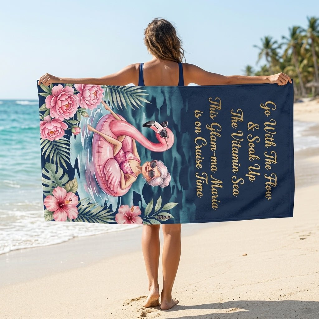 Personalized Glam-ma Cruise Beach Towel - Coastal Grandma Style Custom Name Summer Vacation Gift - FlamingoAholic