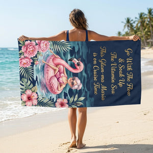 Personalized Glam-ma Cruise Beach Towel - Coastal Grandma Style Custom Name Summer Vacation Gift - FlamingoAholic
