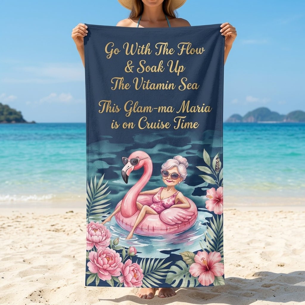 Personalized Glam-ma Cruise Beach Towel - Coastal Grandma Style Custom Name Summer Vacation Gift - FlamingoAholic