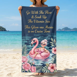 Personalized Glam-ma Cruise Beach Towel - Coastal Grandma Style Custom Name Summer Vacation Gift - FlamingoAholic