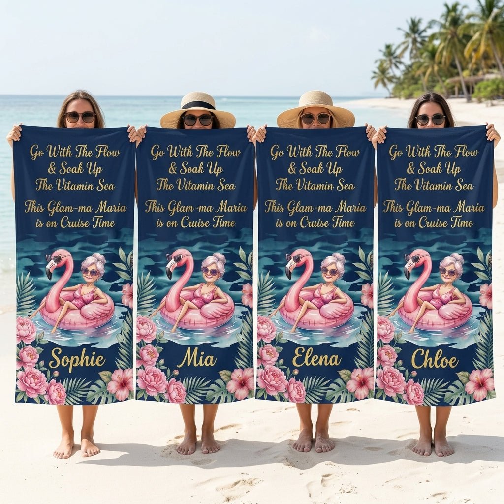Personalized Glam-ma Cruise Beach Towel - Coastal Grandma Style Custom Name Summer Vacation Gift - FlamingoAholic