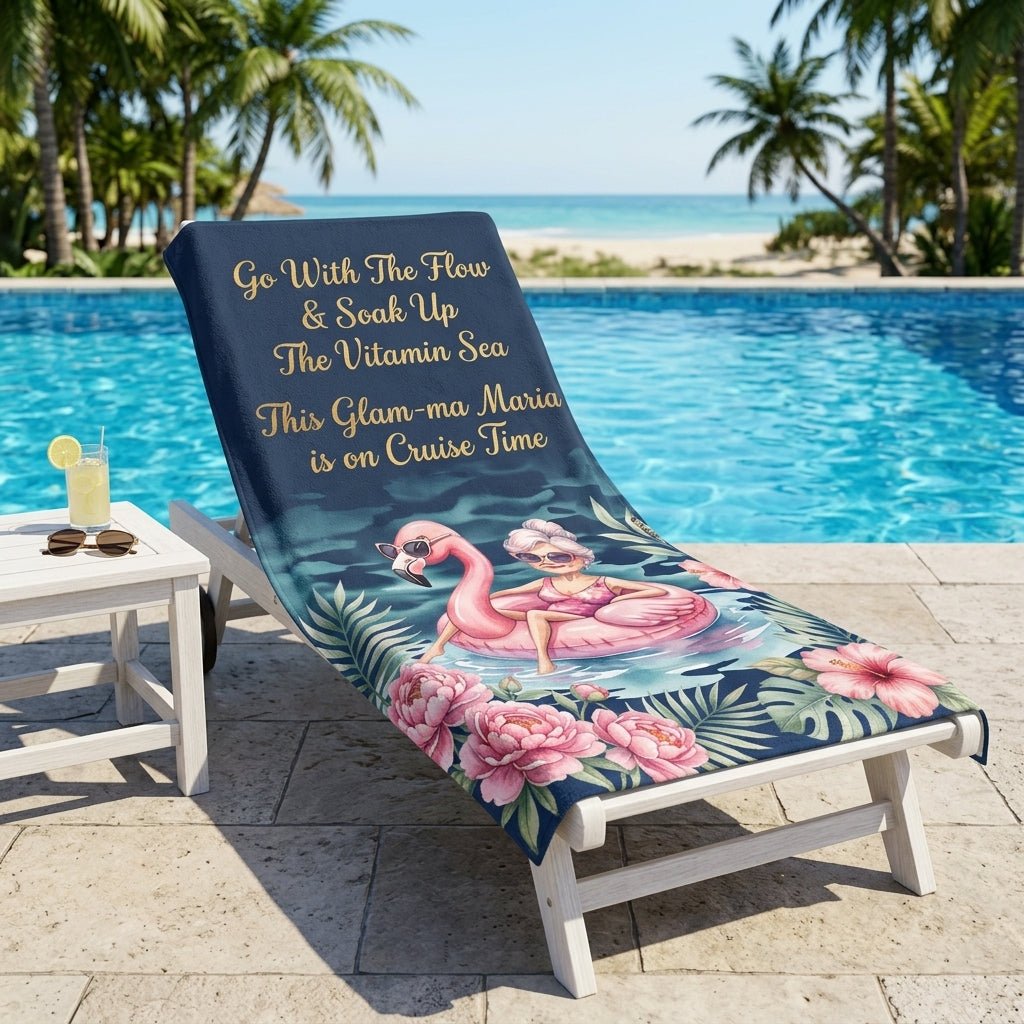 Personalized Glam-ma Cruise Beach Towel - Coastal Grandma Style Custom Name Summer Vacation Gift - FlamingoAholic