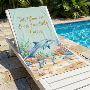 Personalized "Glam-ma" Dolphin Beach Towel - Custom Grandchildren Names Summer Gift - FlamingoAholic