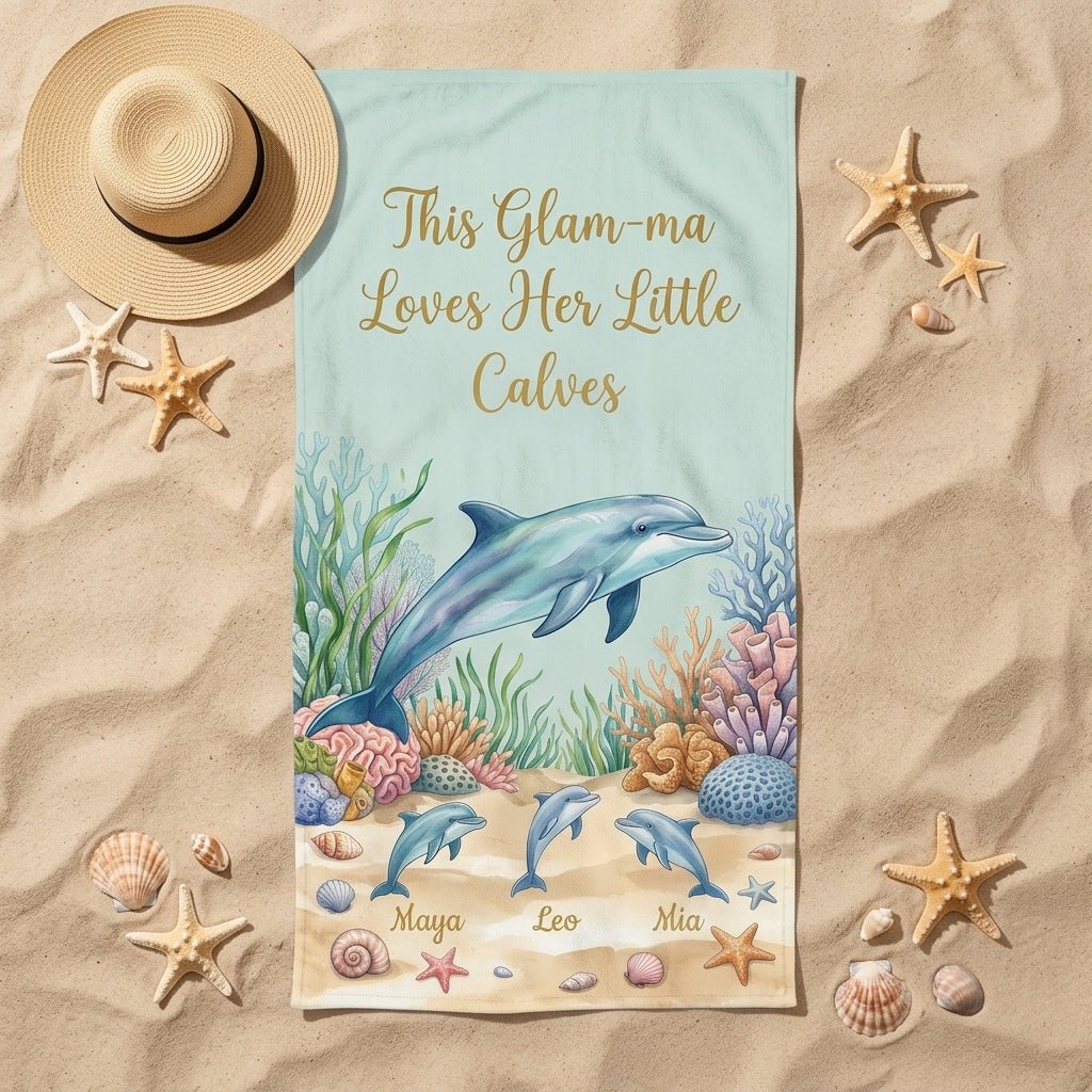 Personalized "Glam-ma" Dolphin Beach Towel - Custom Grandchildren Names Summer Gift - FlamingoAholic