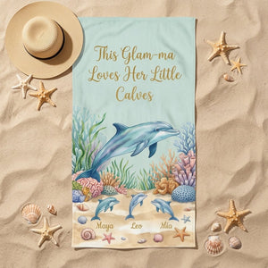 Personalized "Glam-ma" Dolphin Beach Towel - Custom Grandchildren Names Summer Gift - FlamingoAholic