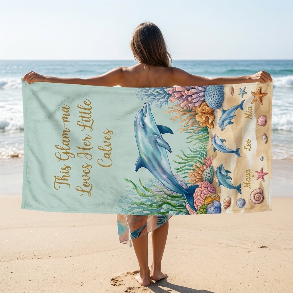 Personalized "Glam-ma" Dolphin Beach Towel - Custom Grandchildren Names Summer Gift - FlamingoAholic