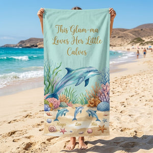 Personalized "Glam-ma" Dolphin Beach Towel - Custom Grandchildren Names Summer Gift - FlamingoAholic