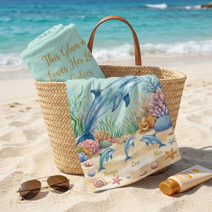 Personalized "Glam-ma" Dolphin Beach Towel - Custom Grandchildren Names Summer Gift - FlamingoAholic
