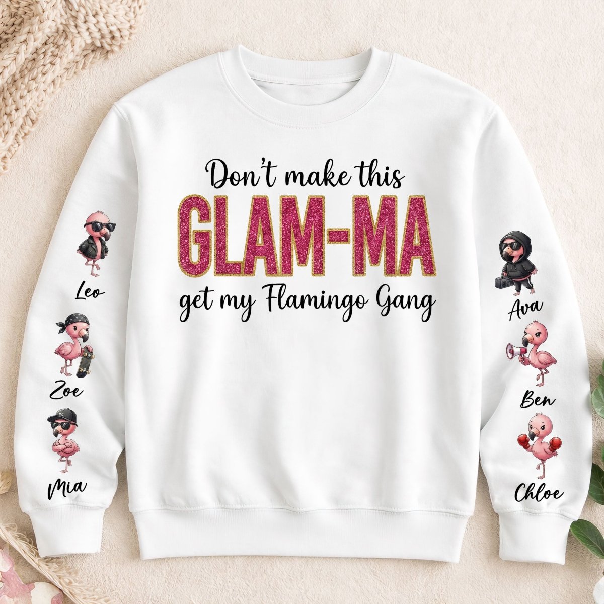 Personalized Glam - Ma Flamingo Gang Sweatshirt - Custom Shirt with Grandkids' Names, Pink Shimmer Design - FlamingoAholic