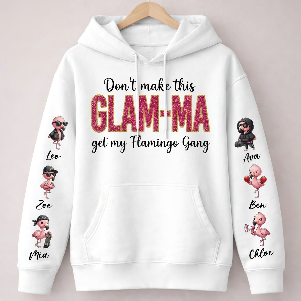 Personalized Glam - Ma Flamingo Gang Sweatshirt - Custom Shirt with Grandkids' Names, Pink Shimmer Design - FlamingoAholic