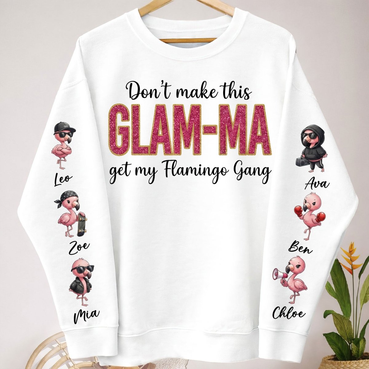 Personalized Glam - Ma Flamingo Gang Sweatshirt - Custom Shirt with Grandkids' Names, Pink Shimmer Design - FlamingoAholic