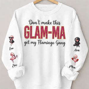 Personalized Glam - Ma Flamingo Gang Sweatshirt - Custom Shirt with Grandkids' Names, Pink Shimmer Design - FlamingoAholic