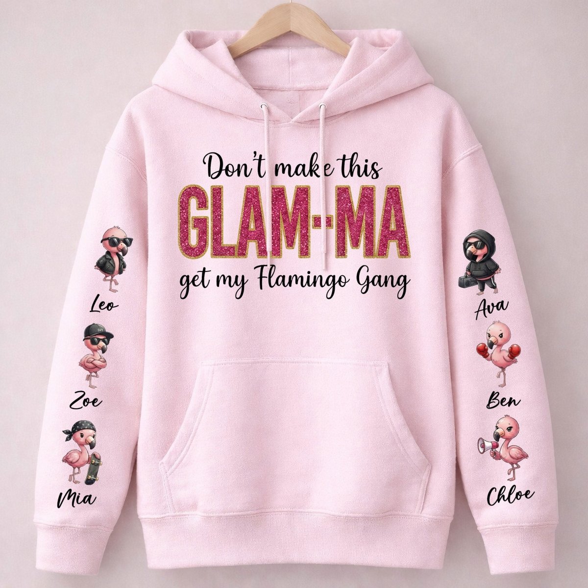 Personalized Glam - Ma Flamingo Gang Sweatshirt - Custom Shirt with Grandkids' Names, Pink Shimmer Design - FlamingoAholic