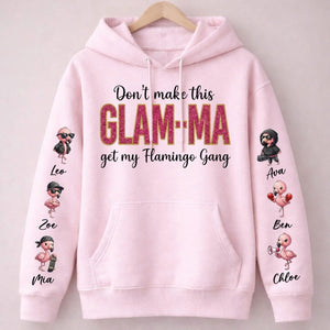 Personalized Glam - Ma Flamingo Gang Sweatshirt - Custom Shirt with Grandkids' Names, Pink Shimmer Design - FlamingoAholic