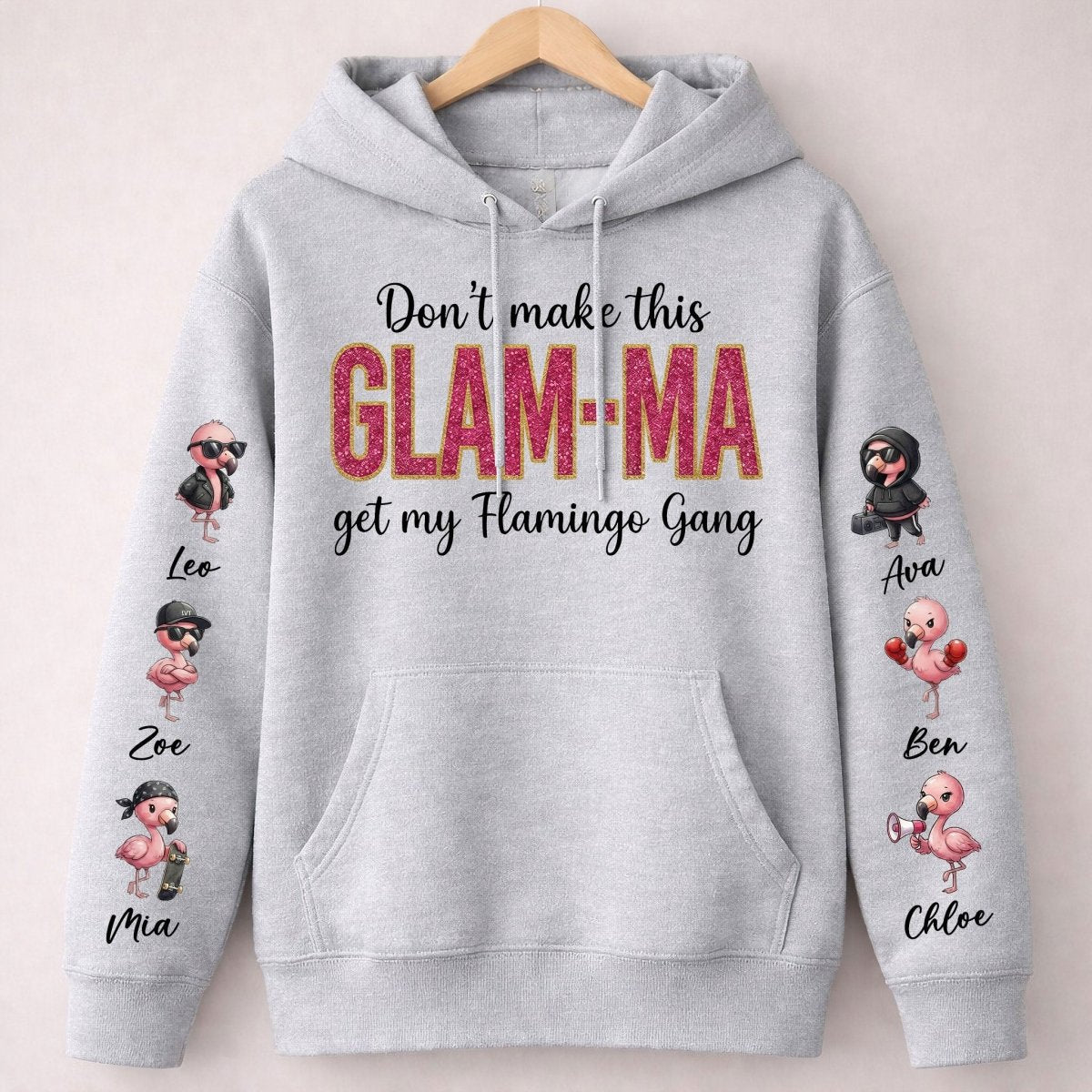 Personalized Glam - Ma Flamingo Gang Sweatshirt - Custom Shirt with Grandkids' Names, Pink Shimmer Design - FlamingoAholic