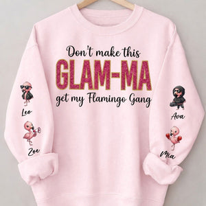 Personalized Glam - Ma Flamingo Gang Sweatshirt - Custom Shirt with Grandkids' Names, Pink Shimmer Design - FlamingoAholic
