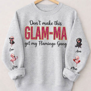 Personalized Glam - Ma Flamingo Gang Sweatshirt - Custom Shirt with Grandkids' Names, Pink Shimmer Design - FlamingoAholic