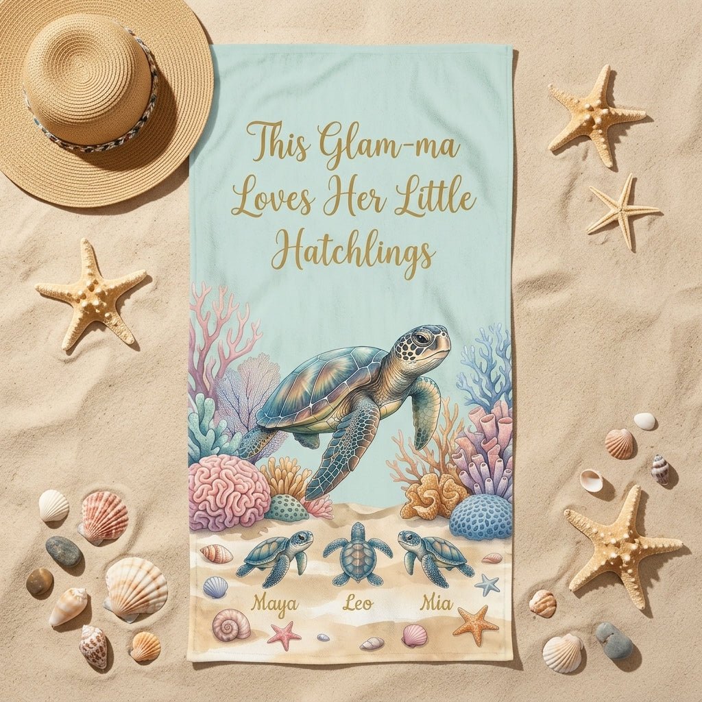 Personalized "Glam-ma" Turtle Beach Towel - Custom Grandchildren Names Summer Gift - FlamingoAholic