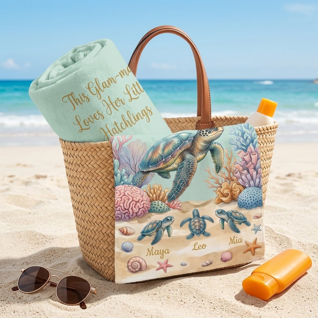 Personalized "Glam-ma" Turtle Beach Towel - Custom Grandchildren Names Summer Gift - FlamingoAholic