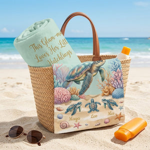 Personalized "Glam-ma" Turtle Beach Towel - Custom Grandchildren Names Summer Gift - FlamingoAholic