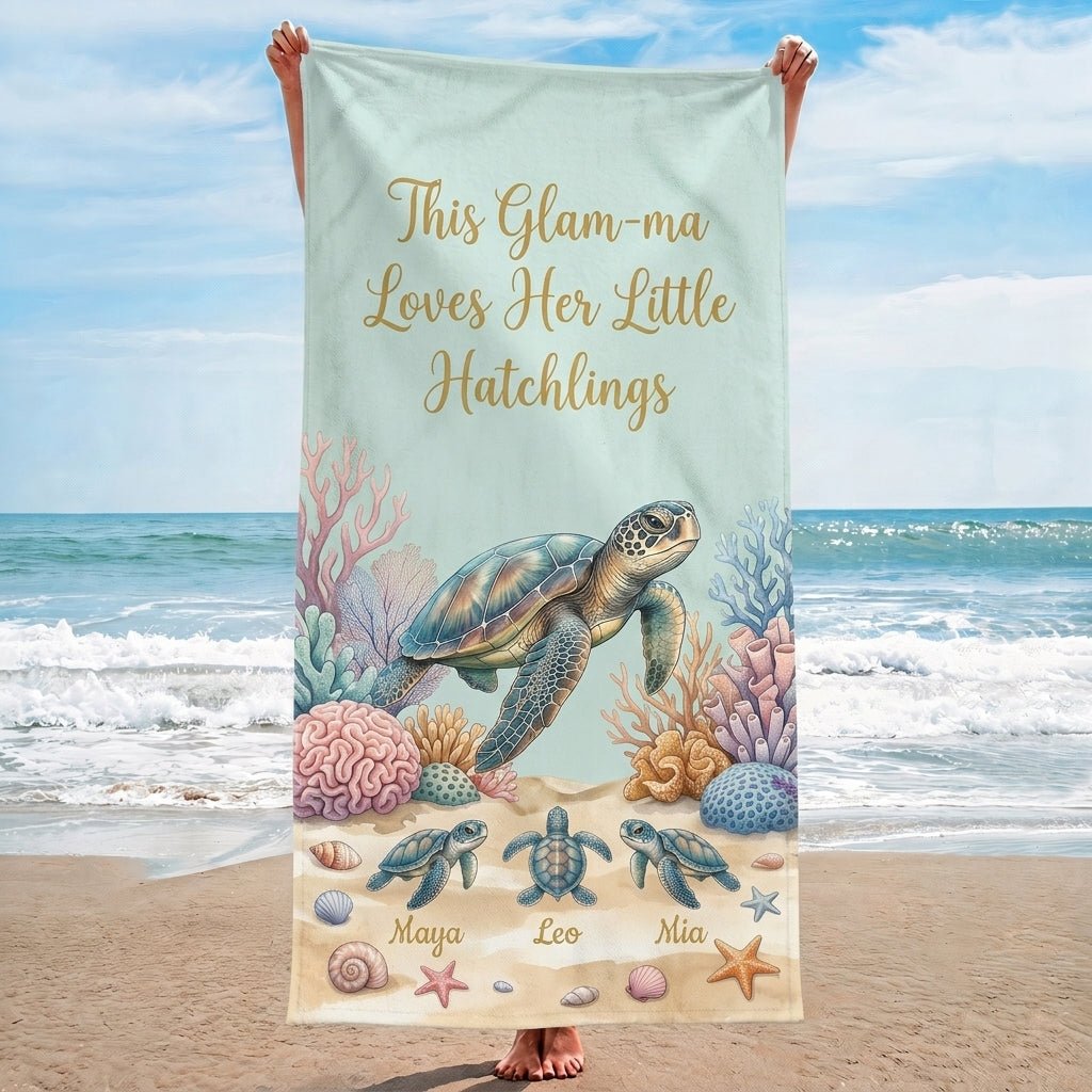 Personalized "Glam-ma" Turtle Beach Towel - Custom Grandchildren Names Summer Gift - FlamingoAholic