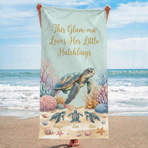 Personalized "Glam-ma" Turtle Beach Towel - Custom Grandchildren Names Summer Gift - FlamingoAholic