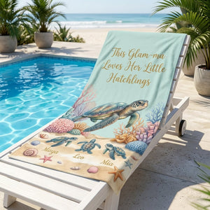 Personalized "Glam-ma" Turtle Beach Towel - Custom Grandchildren Names Summer Gift - FlamingoAholic