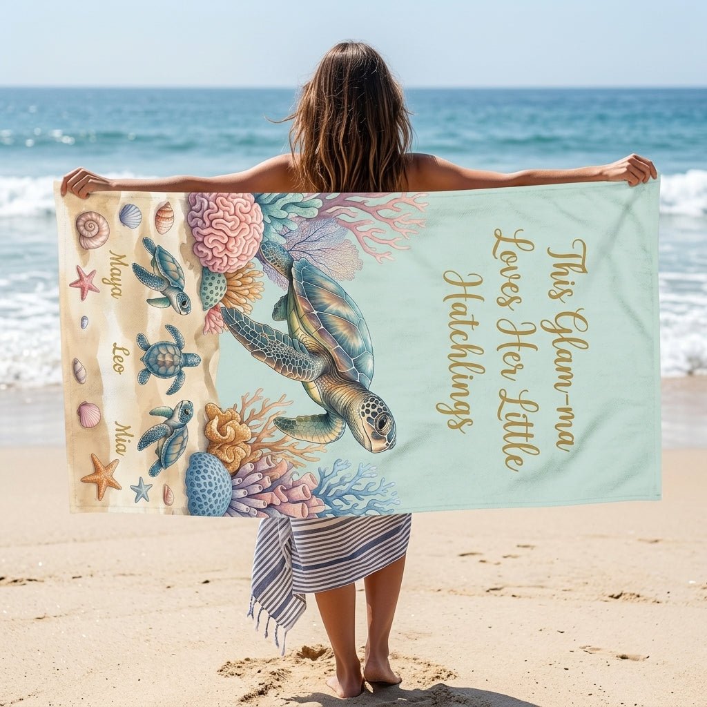 Personalized "Glam-ma" Turtle Beach Towel - Custom Grandchildren Names Summer Gift - FlamingoAholic