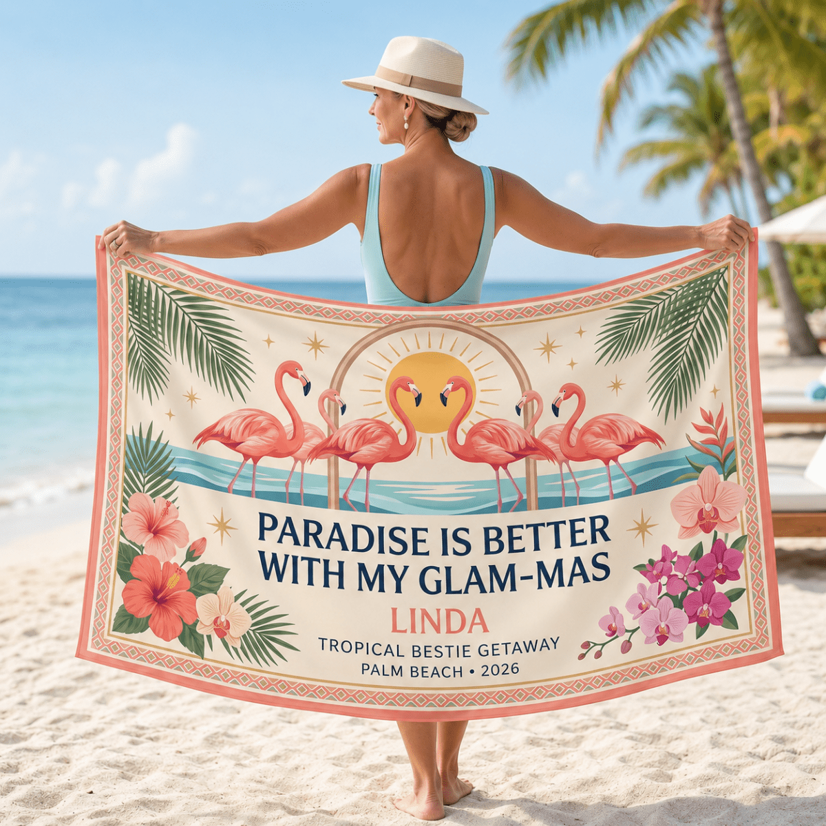 Personalized Glam-Mas Beach Sarong | Custom Flamingo Chiffon Cover Up | Tropical Gift - FlamingoAholic
