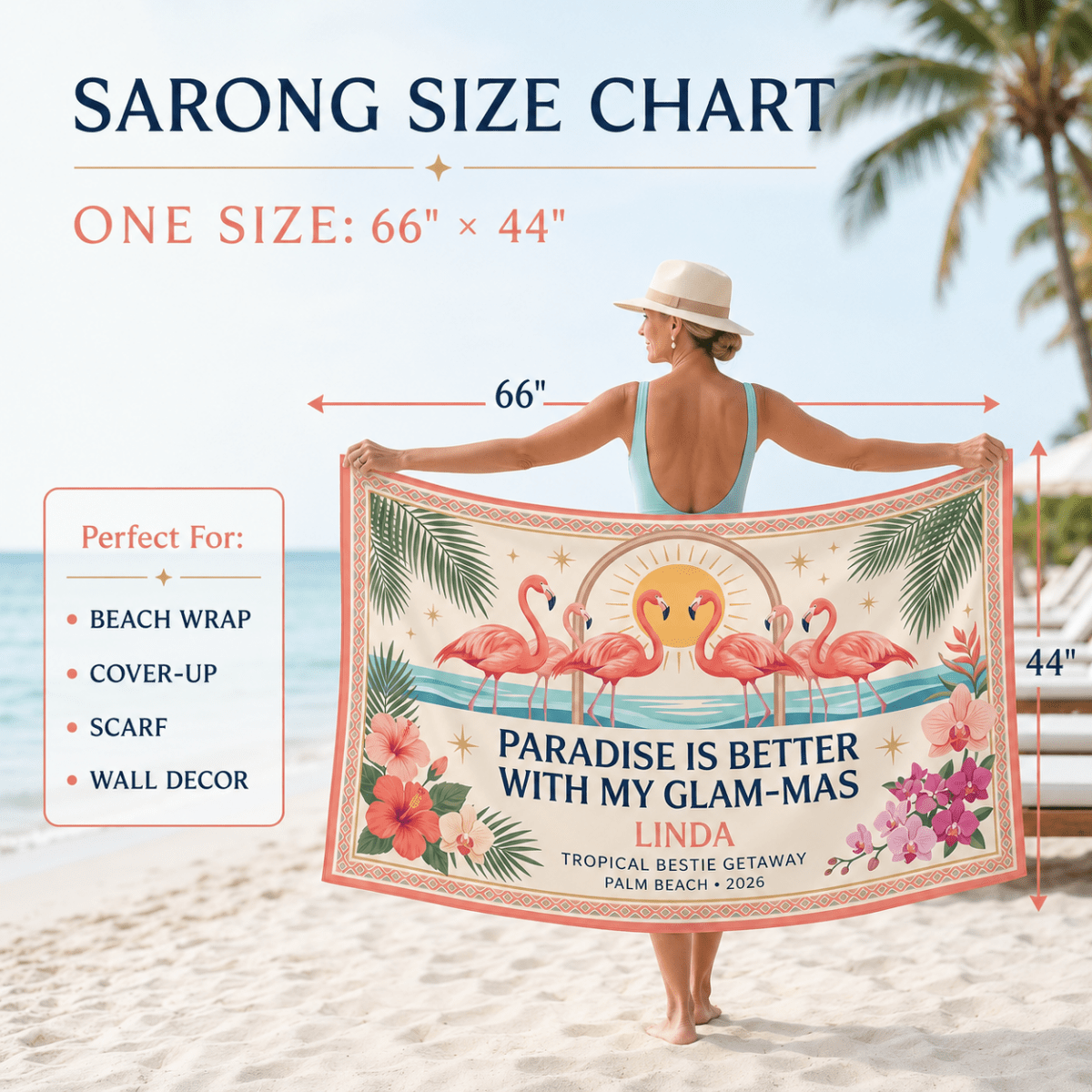Personalized Glam-Mas Beach Sarong | Custom Flamingo Chiffon Cover Up | Tropical Gift - FlamingoAholic