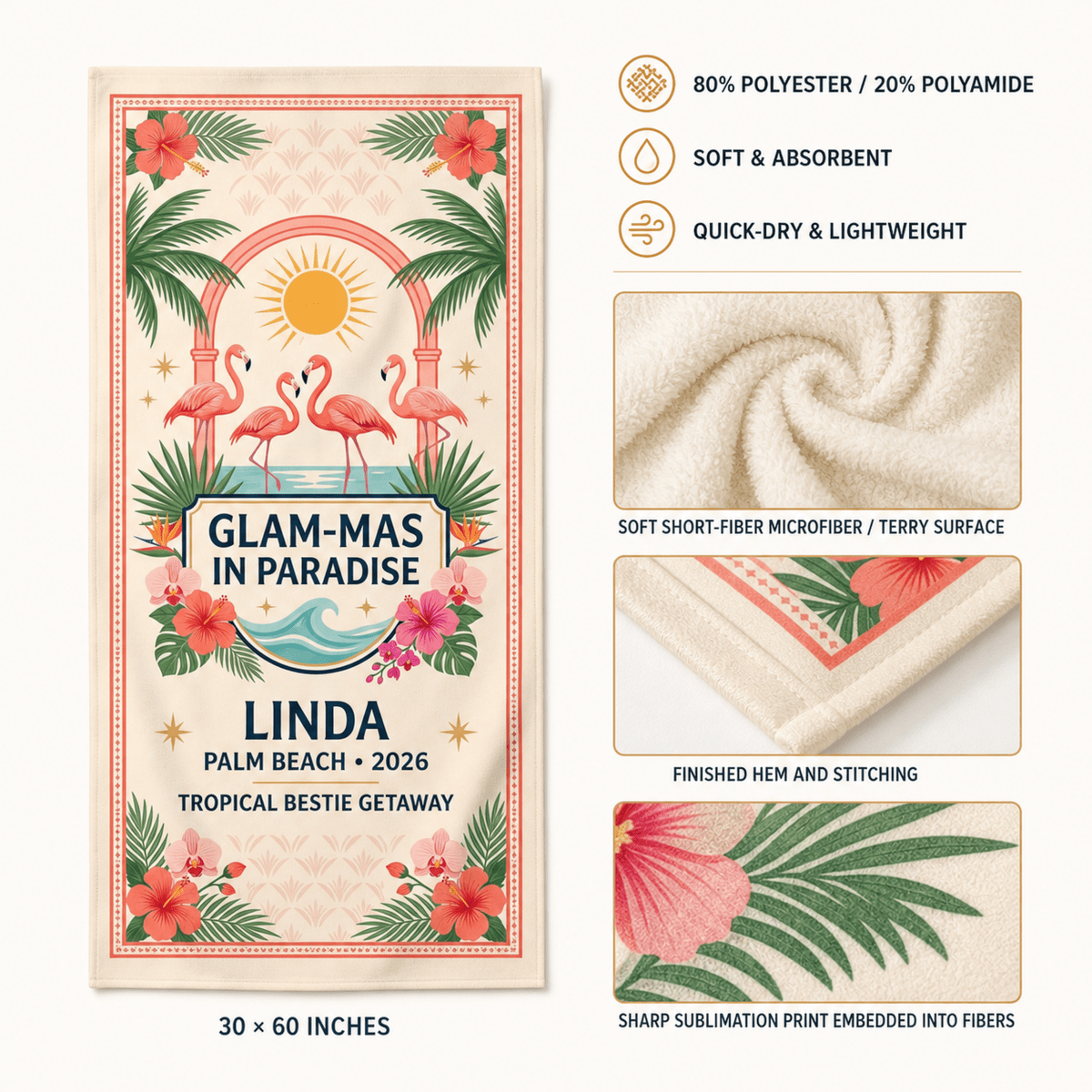Personalized Glam-Mas Beach Towel | Custom Tropical Bestie Gift | Flamingo Pool Towel - FlamingoAholic