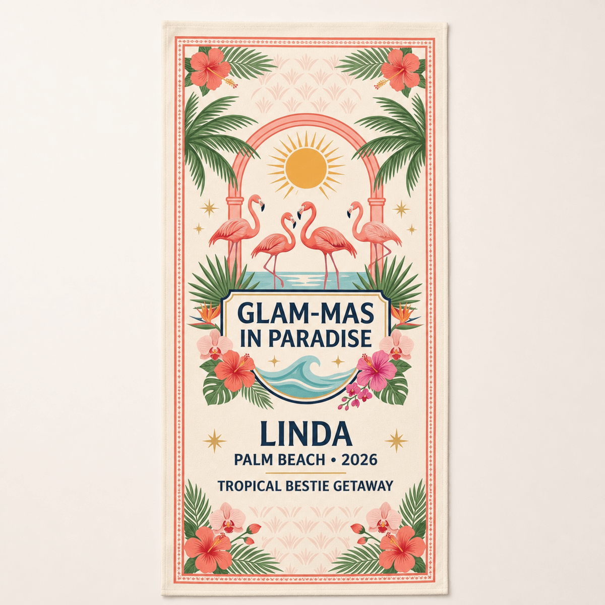 Personalized Glam-Mas Beach Towel | Custom Tropical Bestie Gift | Flamingo Pool Towel - FlamingoAholic