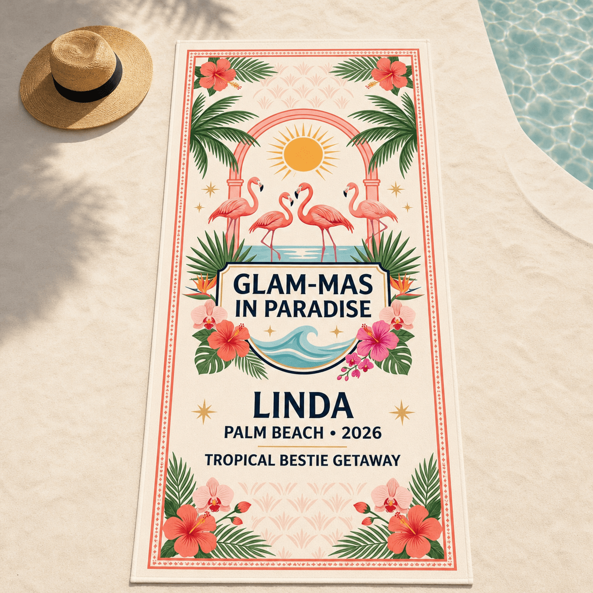 Personalized Glam-Mas Beach Towel | Custom Tropical Bestie Gift | Flamingo Pool Towel - FlamingoAholic