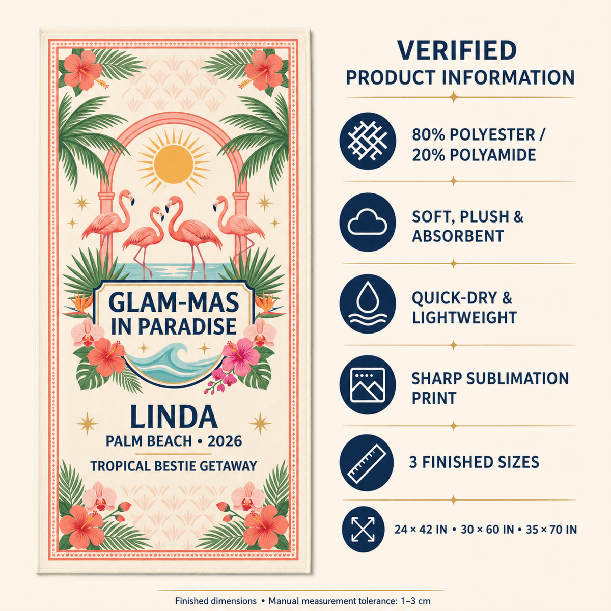Personalized Glam-Mas Beach Towel | Custom Tropical Bestie Gift | Flamingo Pool Towel - FlamingoAholic