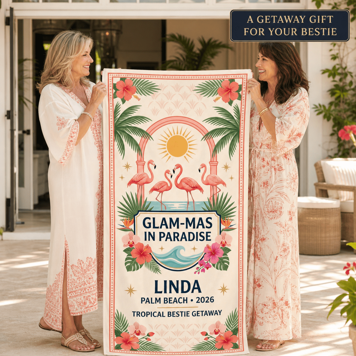 Personalized Glam-Mas Beach Towel | Custom Tropical Bestie Gift | Flamingo Pool Towel - FlamingoAholic