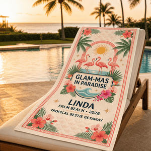 Personalized Glam-Mas Beach Towel | Custom Tropical Bestie Gift | Flamingo Pool Towel - FlamingoAholic