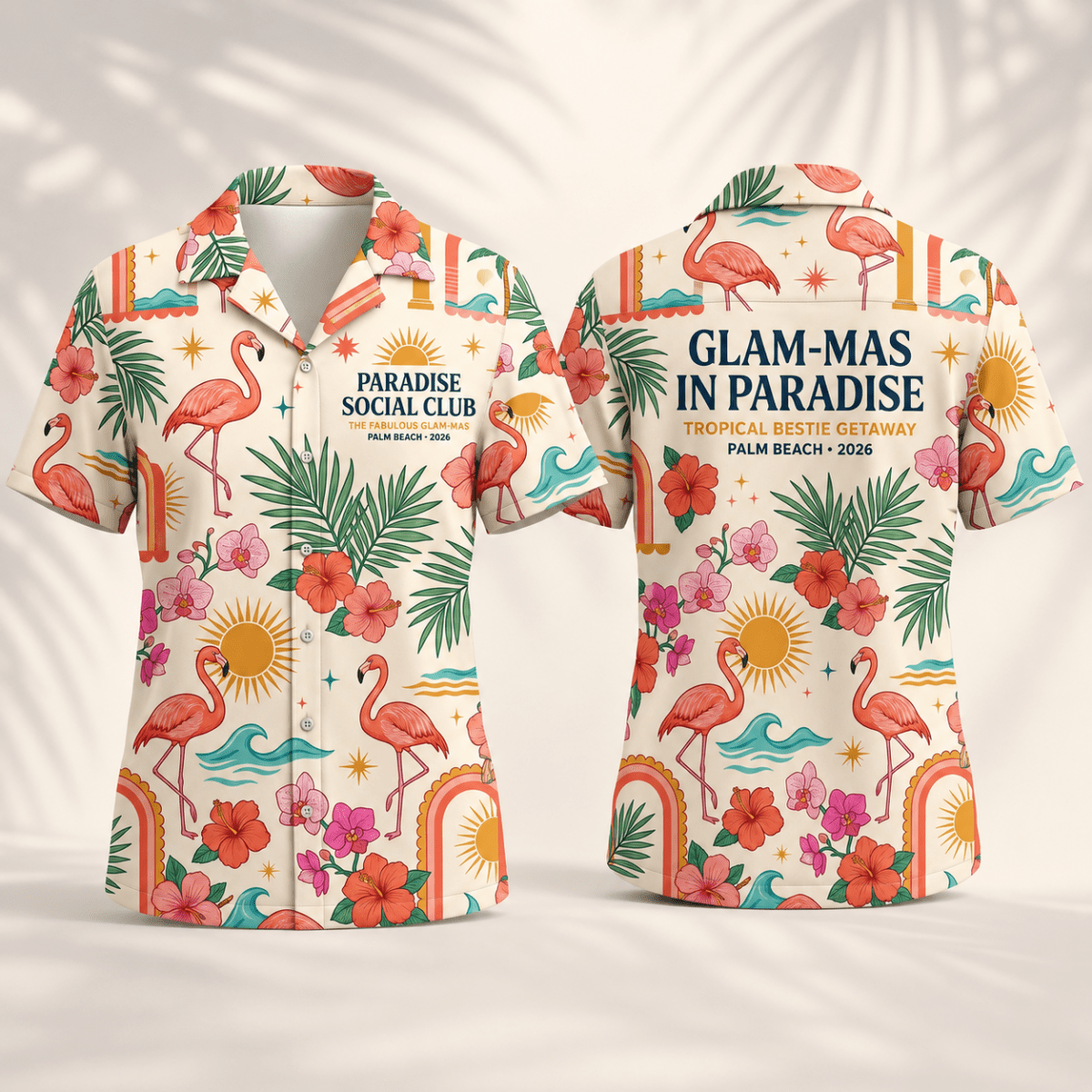 Personalized Glam-Mas in Paradise Hawaiian Shirt for Women | Custom Girls Trip Beach Vacation Shirt | Tropical Bestie Getaway Gift - FlamingoAholic