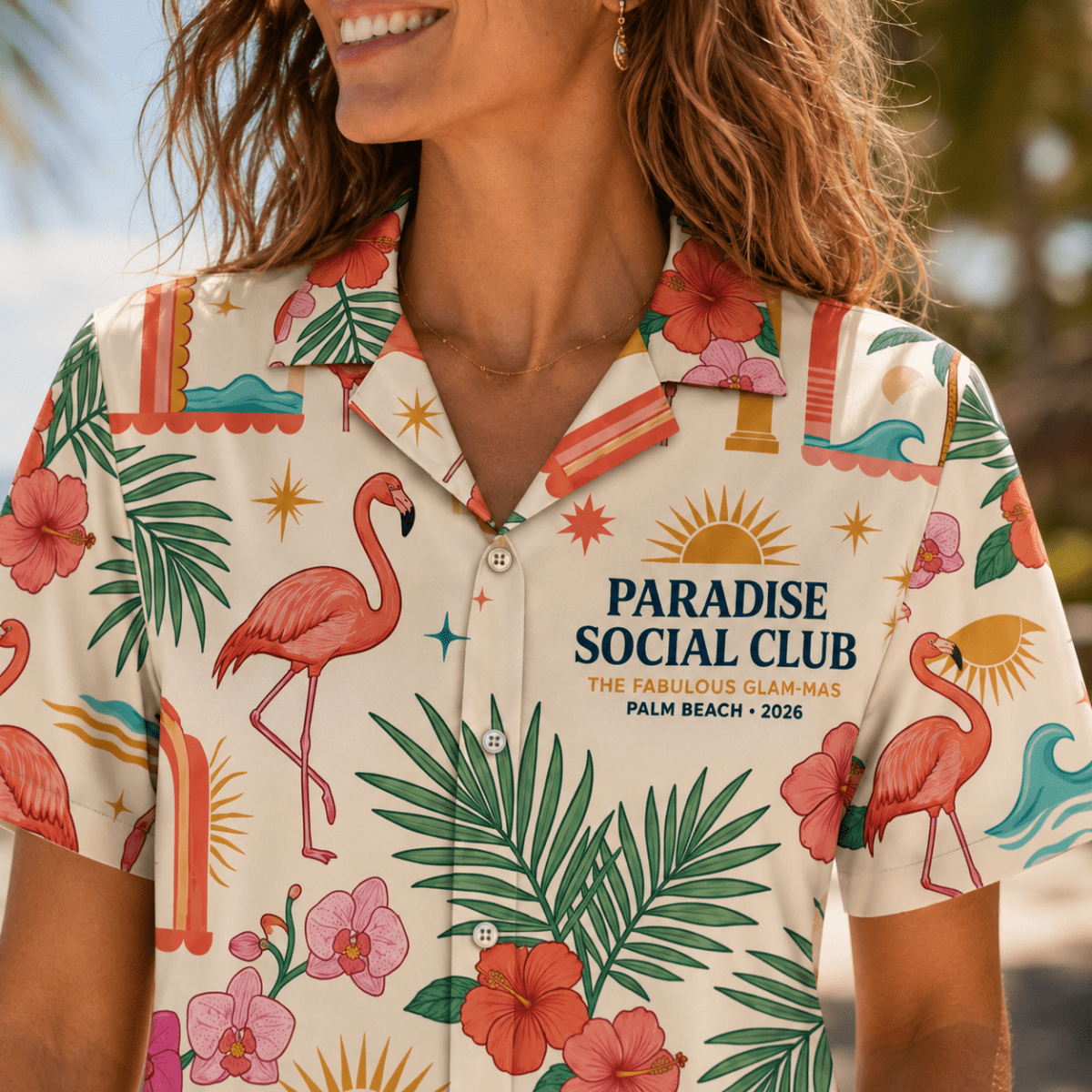 Personalized Glam-Mas in Paradise Hawaiian Shirt for Women | Custom Girls Trip Beach Vacation Shirt | Tropical Bestie Getaway Gift - FlamingoAholic