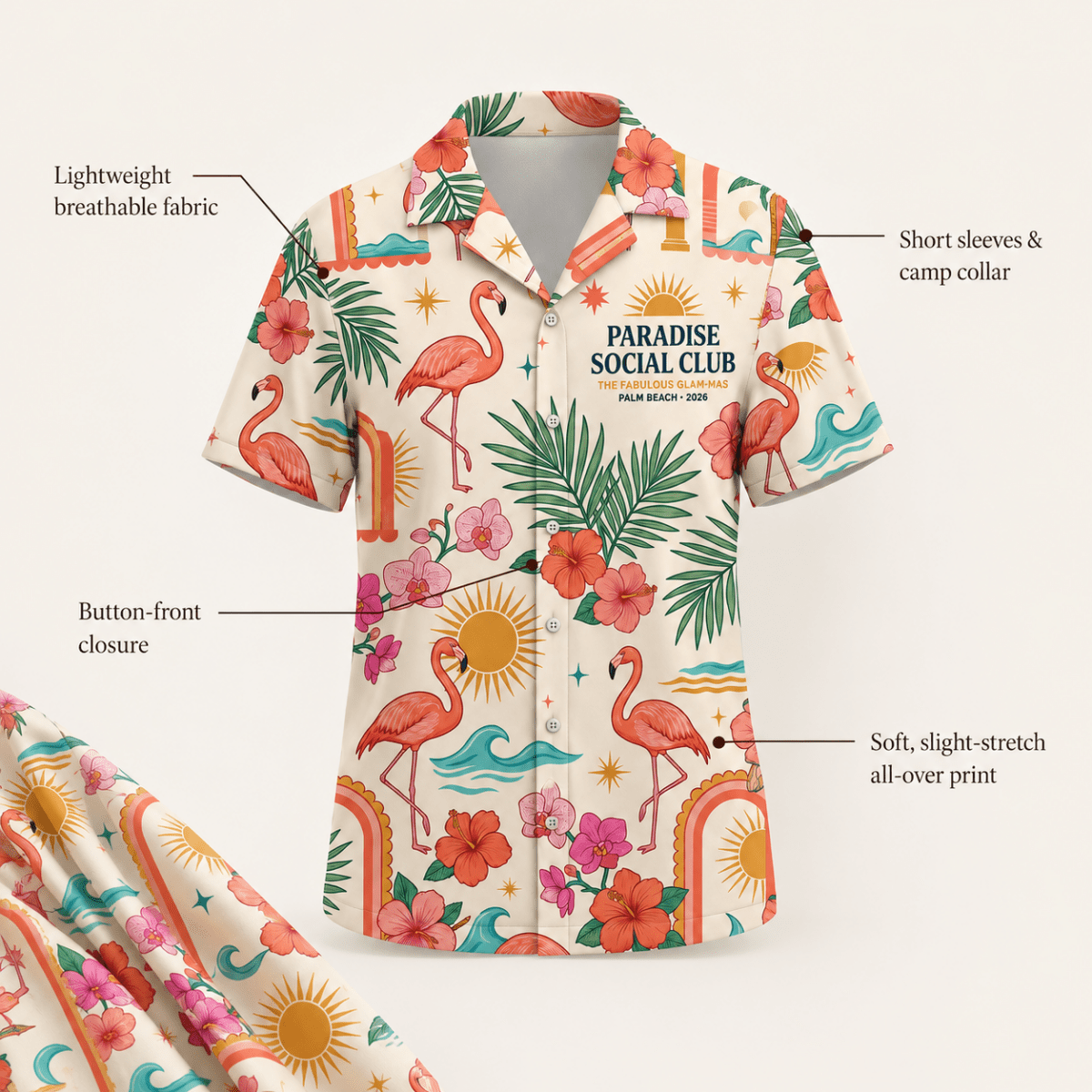 Personalized Glam-Mas in Paradise Hawaiian Shirt for Women | Custom Girls Trip Beach Vacation Shirt | Tropical Bestie Getaway Gift - FlamingoAholic