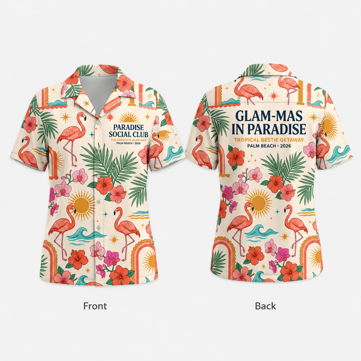Personalized Glam-Mas in Paradise Hawaiian Shirt for Women | Custom Girls Trip Beach Vacation Shirt | Tropical Bestie Getaway Gift - FlamingoAholic
