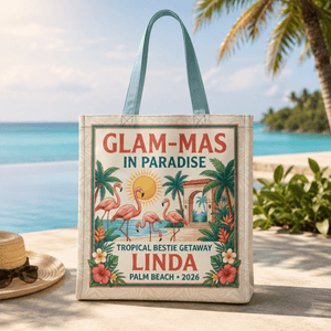 Personalized Glam-Mas in Paradise Tote Bag | Custom Tropical Beach Gift Bag - FlamingoAholic