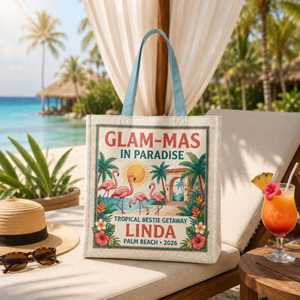 Personalized Glam-Mas in Paradise Tote Bag | Custom Tropical Beach Gift Bag - FlamingoAholic
