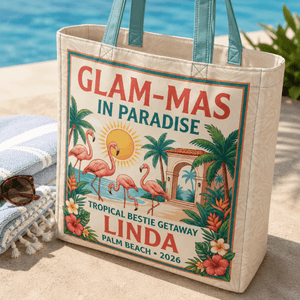 Personalized Glam-Mas in Paradise Tote Bag | Custom Tropical Beach Gift Bag - FlamingoAholic