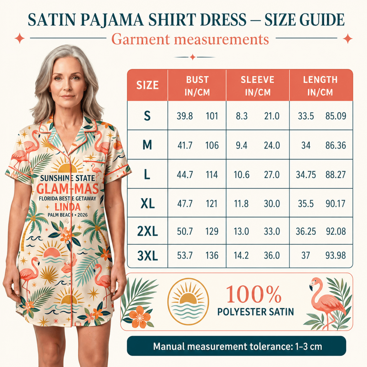 Personalized Glam-Mas Satin Pajama Shirt Dress | Florida Bestie Getaway Sleep Shirt | Matching Girls Trip Pajamas - FlamingoAholic